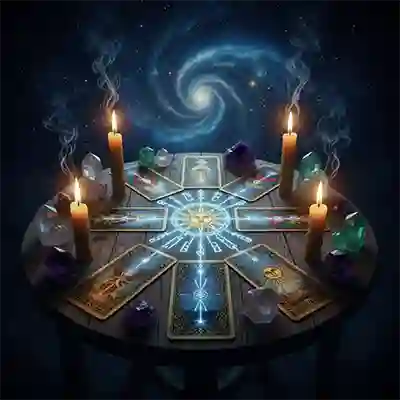 мистическая сцена гадания на картах Таро