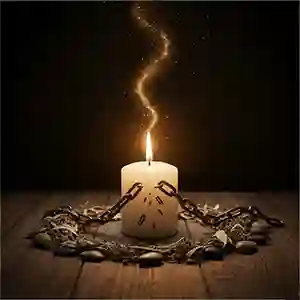 Открытый ритуальный круг со свечами, где разорванная цепь мягко распадается, мягкий свет пробивается сквозь тьму.